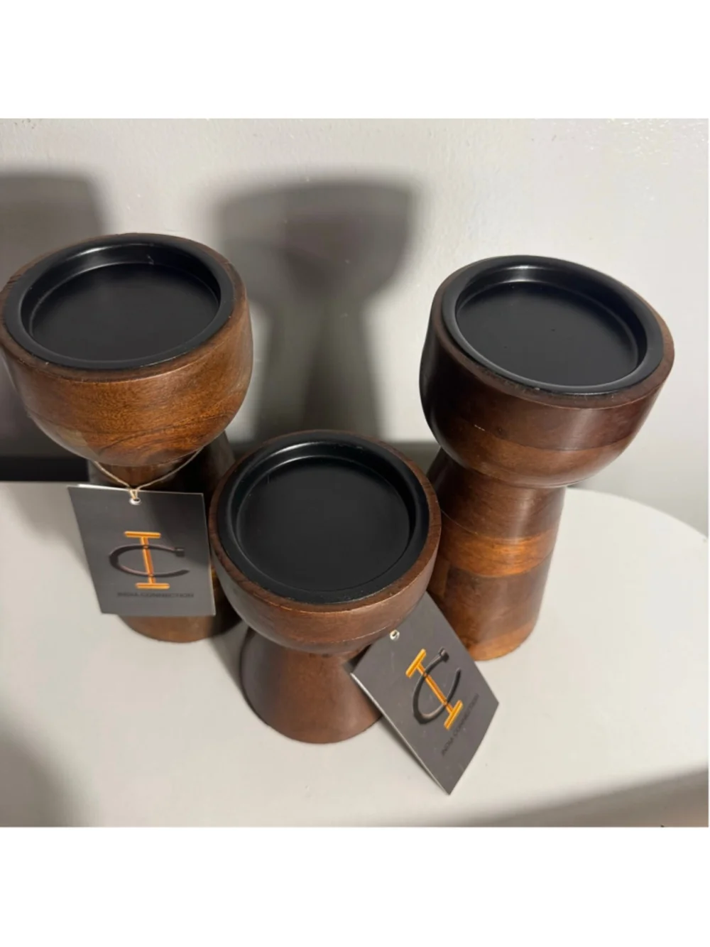 Set of 3 Dark “wood” Pillar Candle Holders India Connection Brown Black